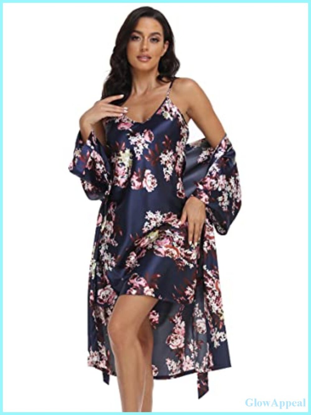 Women's Satin Robe & Cami Pajama Set, V-Neck Lingerie Sleepwear